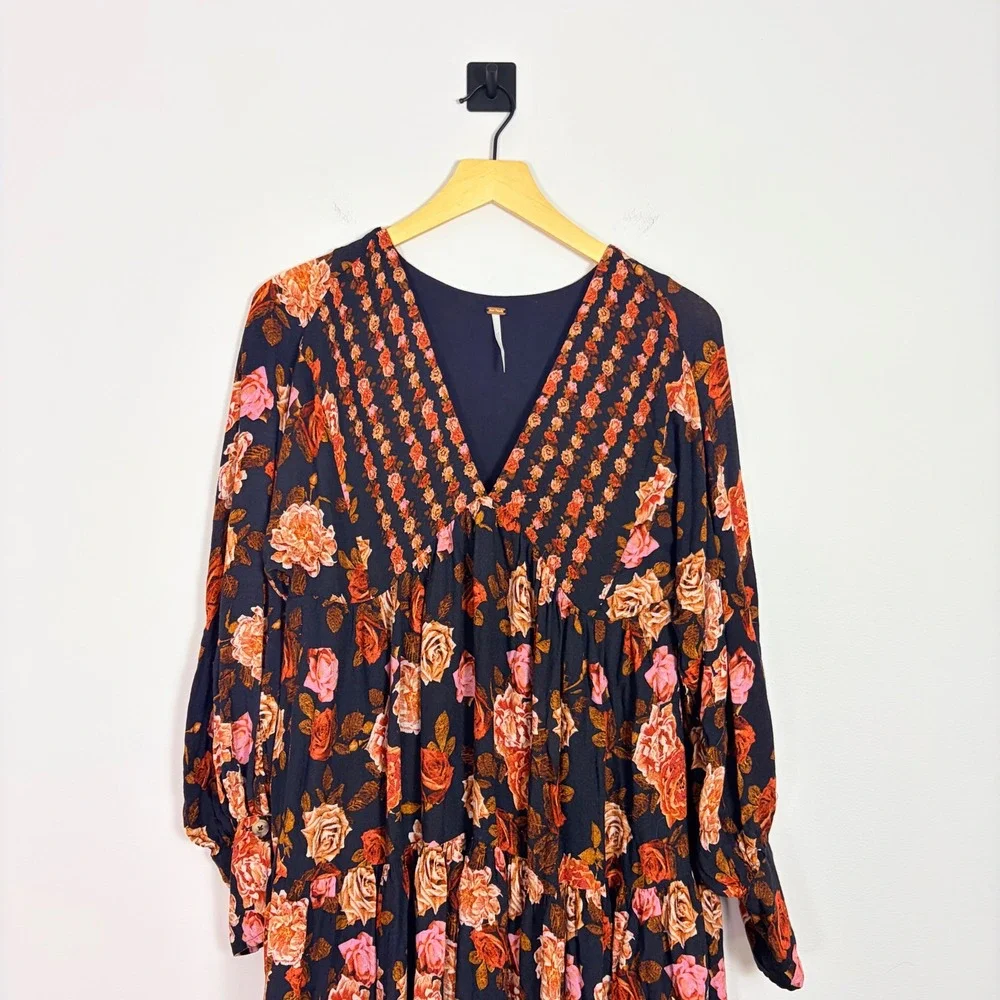 Free People Rows of Roses Maxi Dress Black‎ Ivory Floral Boho Asymmetric Hem